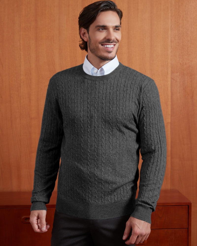 Kallspin Men's Cable Knit Crewneck Sweater Pullovers Wool Blend Relax Fit Knitwear (Charcoal, X-Large) - Image 4